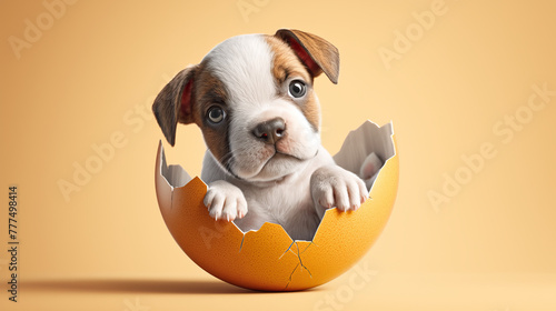 A cute puppy is inside an eggshell
