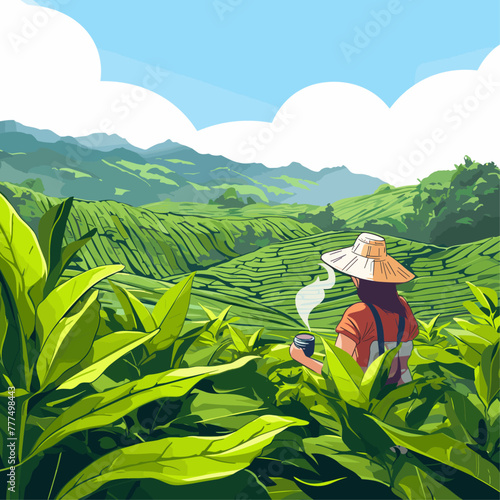 International Tea Day quote. Vector illustration of tea plantation with lettering typography and cup of green tea. Illustration slogan for print, banner, flyer, poster, sticker