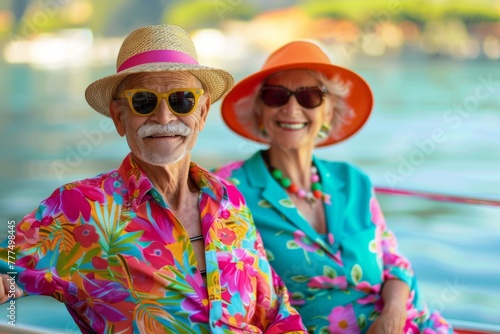Joyful senior European couple enjoying a boat trip, summer vacation and leisure sport, travel, walk, healthy lifestyle