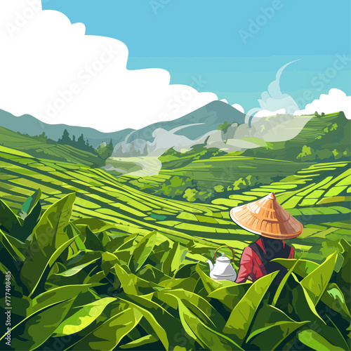  International Tea Day quote. Vector illustration of tea plantation with lettering typography and cup of green tea. Illustration slogan for print, banner, flyer, poster, sticker