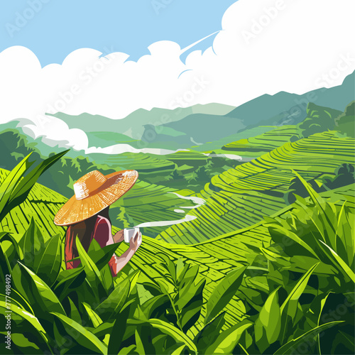  International Tea Day quote. Vector illustration of tea plantation with lettering typography and cup of green tea. Illustration slogan for print, banner, flyer, poster, sticker