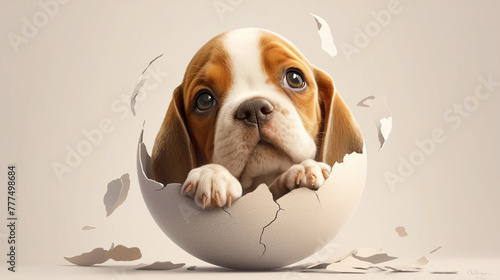 A cute dog is inside an eggshell