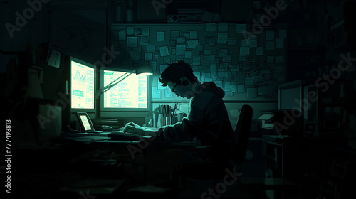 Programmer Working Late Night in Dark Office