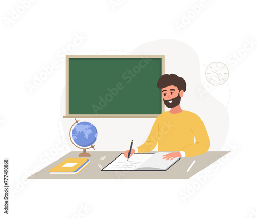 Male teacher in classroom. Pedagogue sitting at table and checking homework. School and college concept. Vector illustration in flat cartoon style.