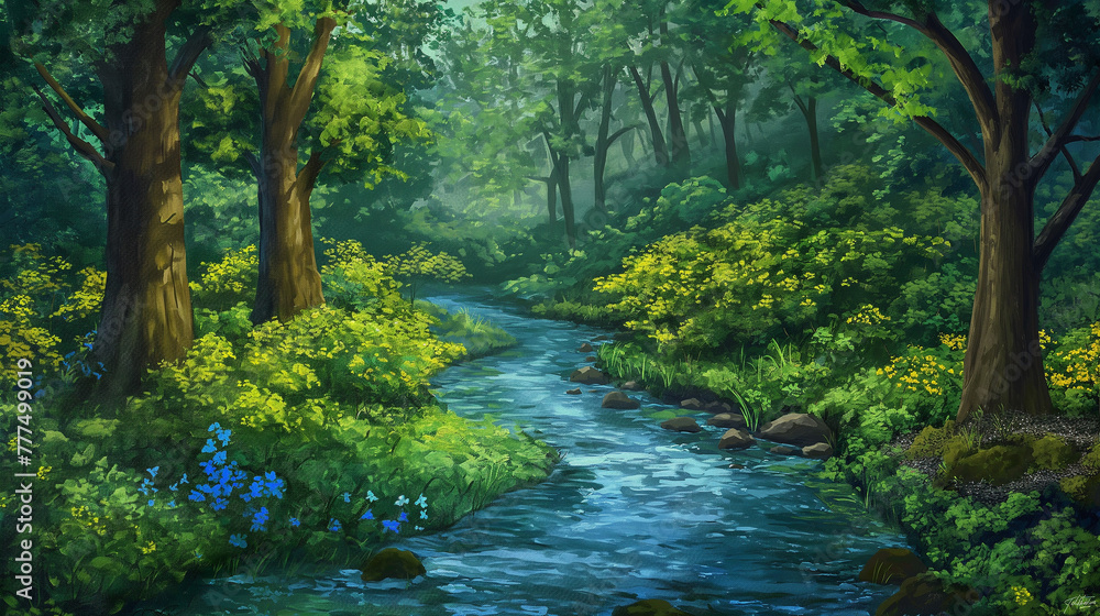Serene Forest Stream with Blooming Wildflowers