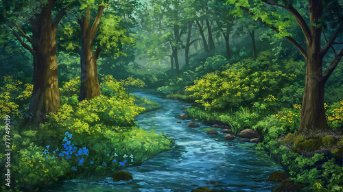 Serene Forest Stream with Blooming Wildflowers