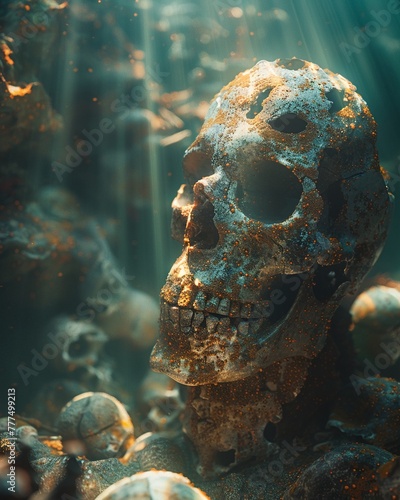 Mysterious Artifacts, seabed exploration, unlocking hidden history, Photography, Sunlight, Depth of field bokeh effect photo