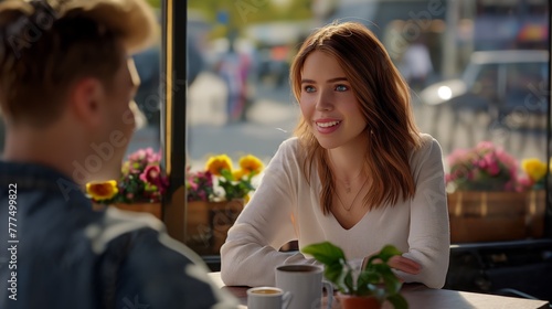 Happy young woman is sitting at an outdoor cafe table surrounded by flowers and a cup of coffee. She's talking to a guy who's sitting across from her on the other side