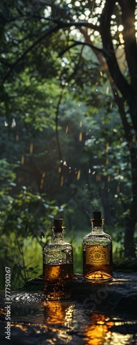 Sentimental Flasks, Flowing Elixirs, Whispered Secrets, Illuminated in a misty forest during a gentle rainstorm, Photography, Rainy, Golden Hour © Samaphon