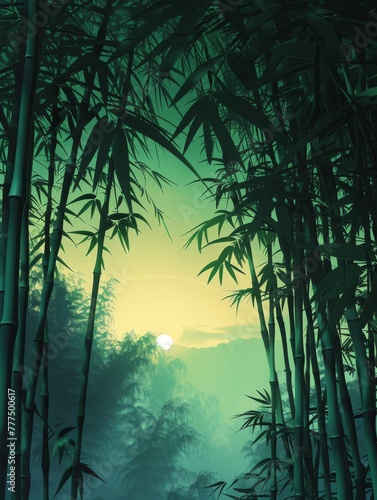 A mystical bamboo forest, stalks glowing softly in neon greens, under a serene pastel sky