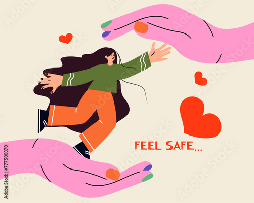 Hands taking care of Woman. Concept of support and kindness in community. Female volunteer share empathy and hope with needy. Help and compassion in life. Flat vector illustration.