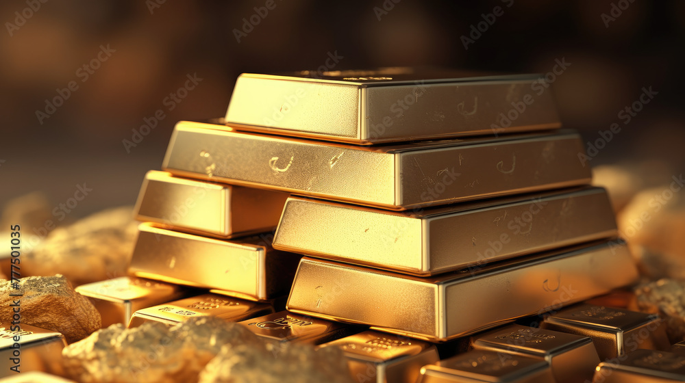 Gold bars and stack of gold coin money in a bag on natural green background,Business investment and financial concept Gold bars and stack of gold coin money in a bag on natural green background,Business investment and financial concept