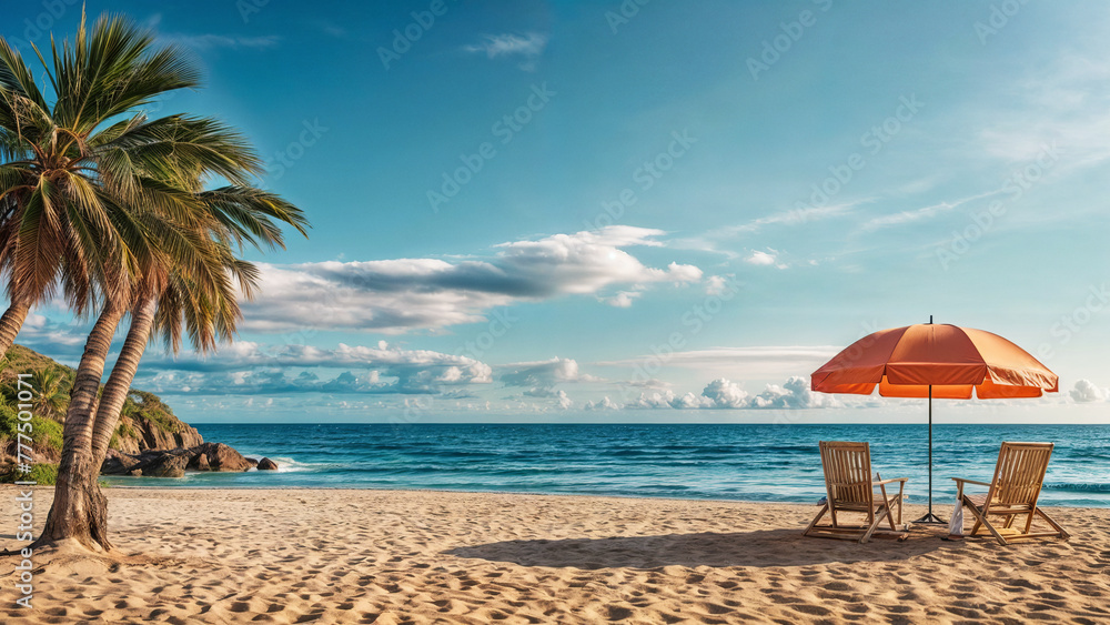 Fototapeta premium Summer holidays loungers on beach. Relaxing landscape banner with copy space. Vacation on tropical beach 
