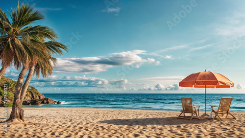 Fototapeta Naklejka Na Ścianę i Meble -  Summer holidays loungers on beach. Relaxing landscape banner with copy space. Vacation on tropical beach 