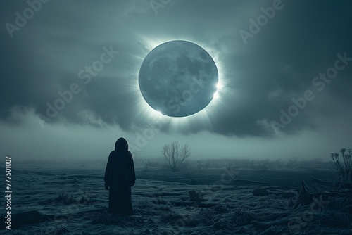 A lone figure is dwarfed by the ethereal sight of a total solar eclipse in a mist-covered landscape  creating a scene of otherworldly tranquility.