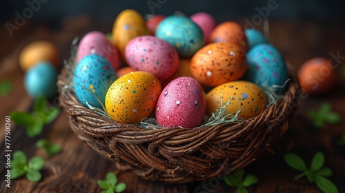  A wooden table holds a basket brimming with colorfully painted eggs Greenery and green leaves surround the basket's side
