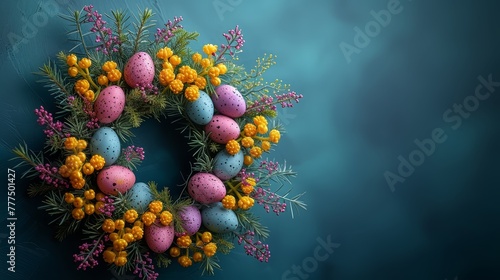  A wreath of eggs and flowers against a blue backdrop Yellow and pink blooms occupy the wreath's center © Mikus