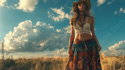 A bohemian-inspired maxi skirt with intricate embroidery and flowing fabric, paired with a cropped top and strappy sandals, accessorized with layered necklaces and a floppy hat,  photo
