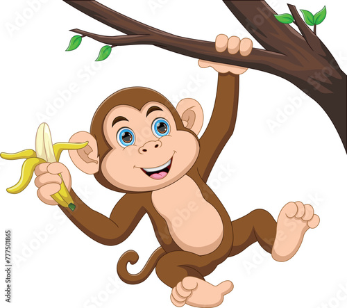 Cute monkey hanging on a tree and holding a banana cartoon © lawangdesign