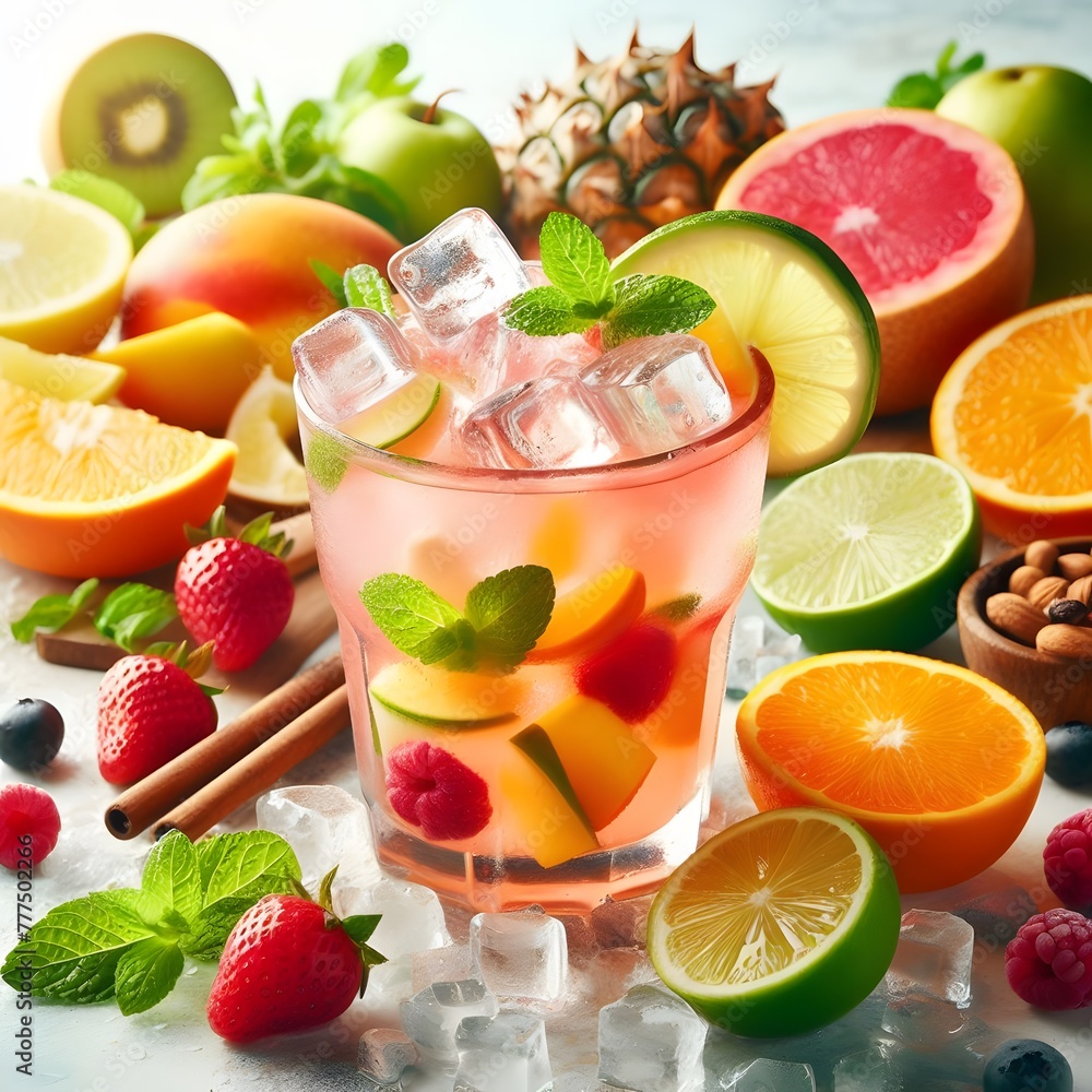 Refreshing summer cocktail with fruits and ice on a light background generated by ai Refreshing summer cocktail with fruits and ice on a light background generated by ai