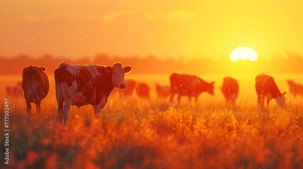 Cows in sunset, Cow, Herd of cows grazing on a farmland in Devon, England, Group of cows stand upright, Generative ai - obrazy, fototapety, plakaty 