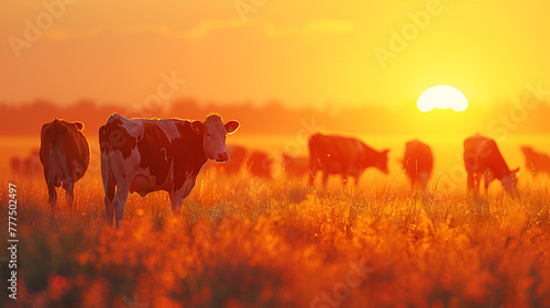 Cows in sunset, Cow, Herd of cows grazing on a farmland in Devon, England, Group of cows stand upright, Generative ai photo
