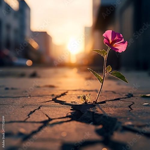 Pink flower on cracked ground with sunset background
