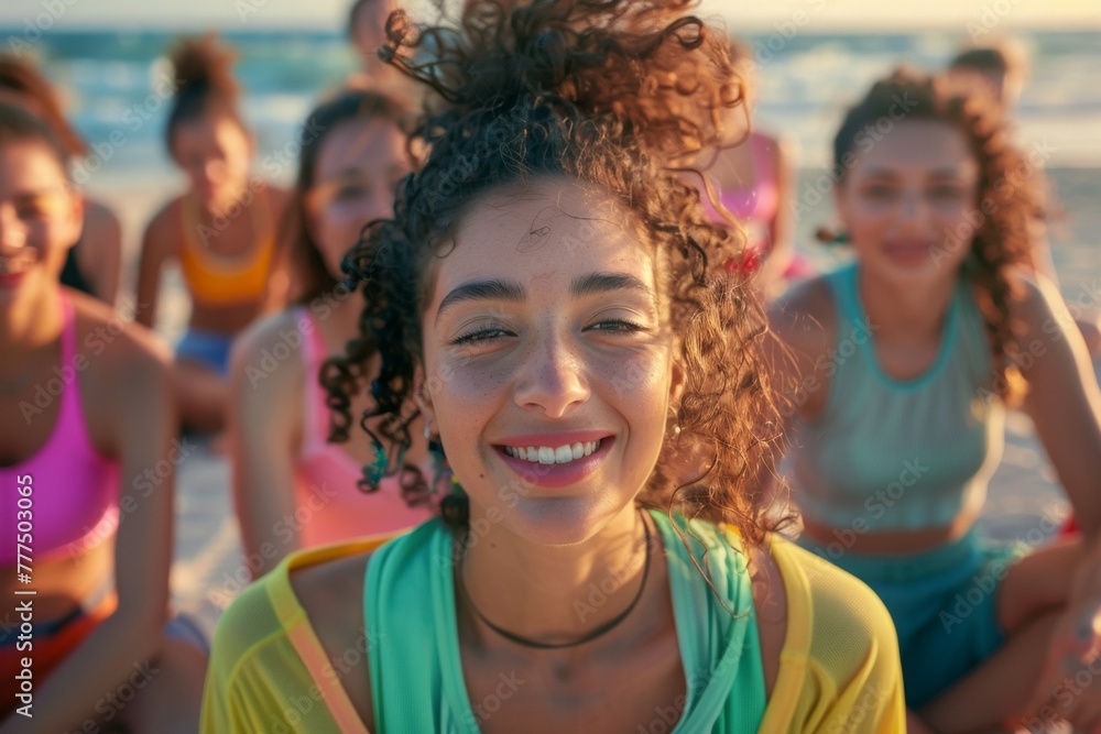 Radiant Hispanic woman leading a beach martial arts retreat with millennials, blending urban fashion with serene nature Radiant Hispanic woman leading a beach martial arts retreat with millennials, blending urban fashion with serene nature