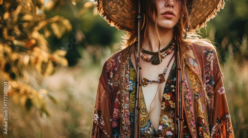 A bohemian-inspired outfit featuring a flowing maxi dress with floral prints, layered with a fringe kimono and accessorized with beaded jewelry and a wide-brimmed hat, 