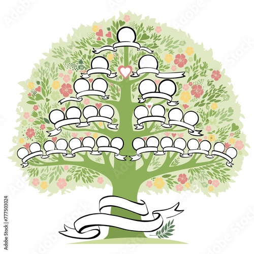 Family genealogic tree. Parents and grandparents, children.  Genealogy, pedigree.  Cartoon character. Family tree with portraits and place for text.  Family Tree template Vector illustration