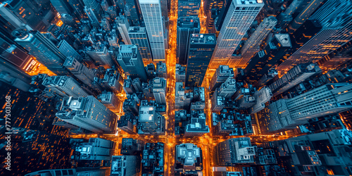 Aerial view of bustling city streets at twilight