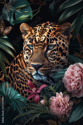   A leopard painting  encircled by vibrant tropical leaves and blooms  features a butterfly gracing its right side