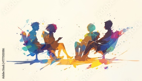 4 people sitting in chairs talking to each other, on a white background