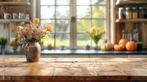 vase with flowers on wood table in the kitchen, sunny morning sun through window, space for text and objects