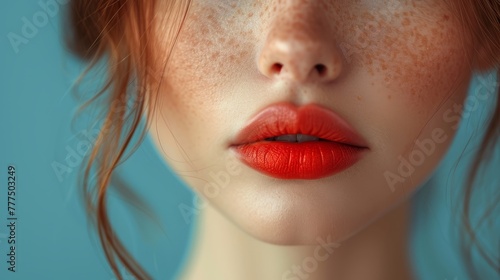  A tight shot of a woman's face, adorned with freckles and vivid red lipstick