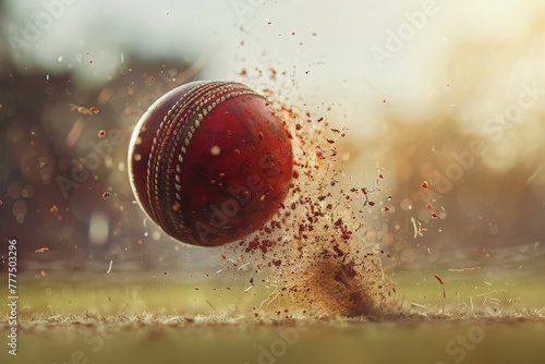 A vibrant red cricket ball plunges toward the ground, creating a dynamic and energetic motion.