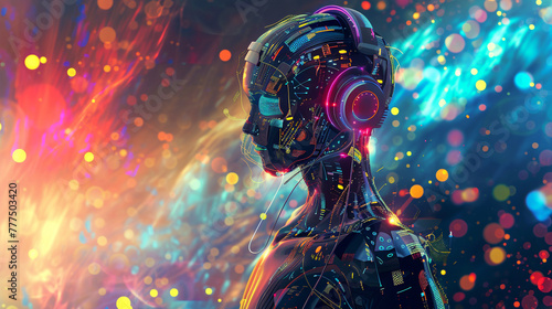 Digital art of an AI humanoid with headphones, surrounded by abstract tech elements and vibrant colors.  © Aisyaqilumar