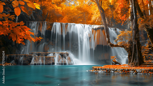 Waterfall In Autumn Jungle, Happy Autumn, Generative Ai 