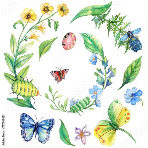 A watercolor clipart depicting the lifecycle of a butterfly from egg to caterpillar to chrysalis to butterfly photo