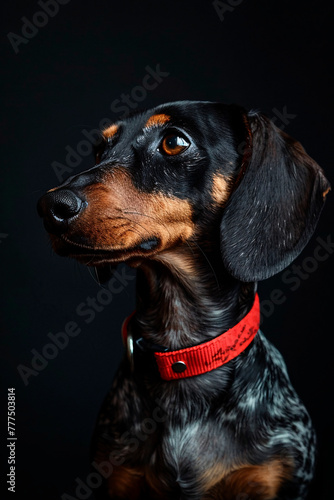 A sleek Dachshund with a glossy coat posing against a dark background, showing off its elegant form