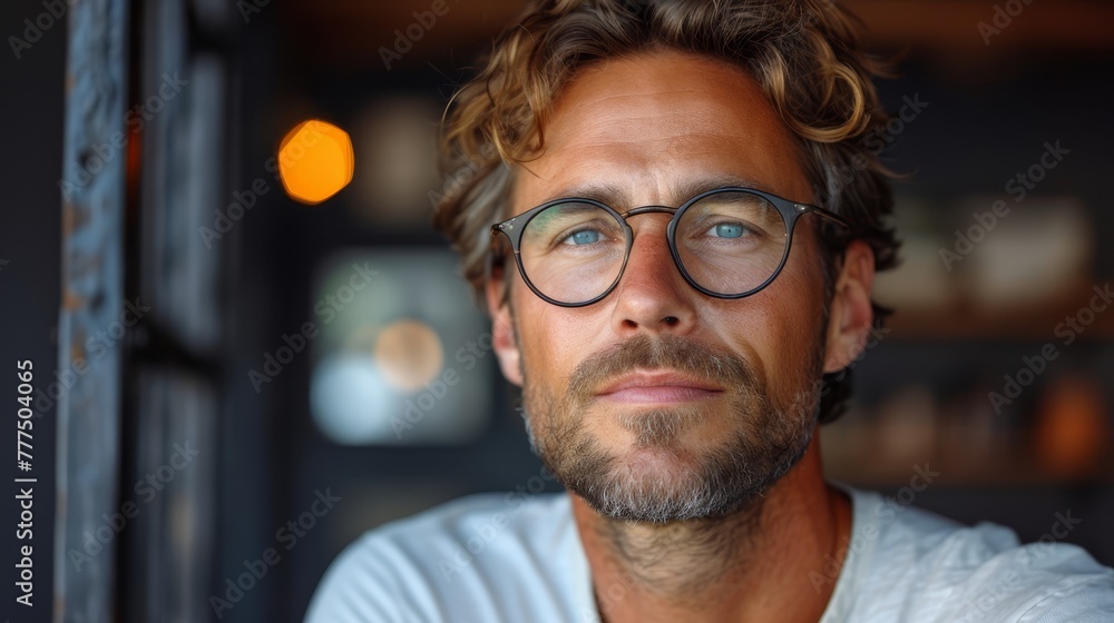   A man in focus, wearing glasses and a white T-shirt, is situated in front of a lightly blurred background illuminated by an indistinct source