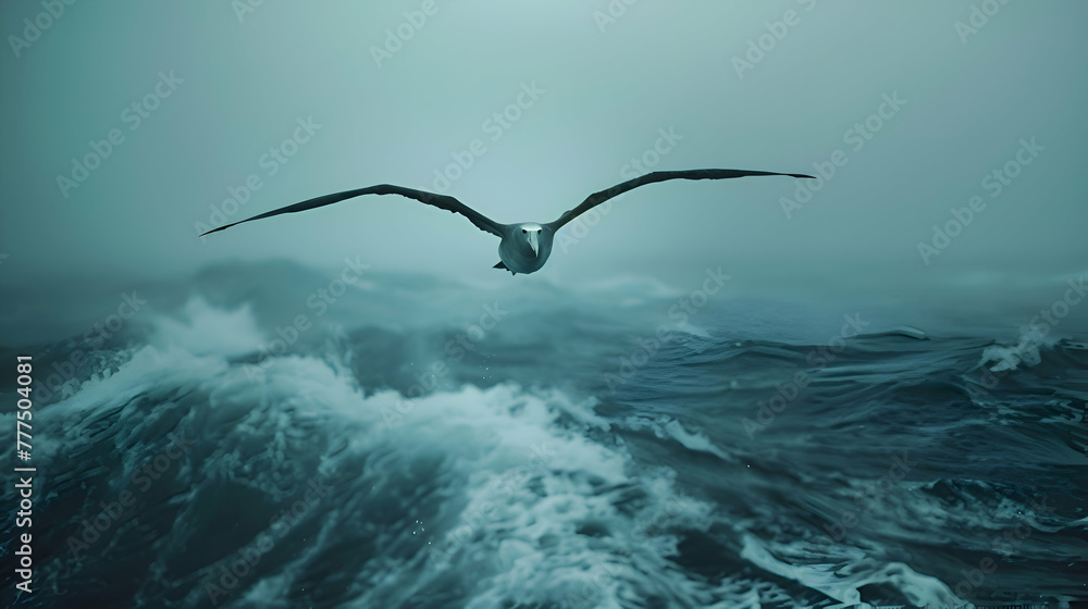 Albatross gracefully gliding above choppy waters, its sleek form contrasting against the blurred ocean surface, with space for supplementary graphics or text Albatross gracefully gliding above choppy waters, its sleek form contrasting against the blurred ocean surface, with space for supplementary graphics or text