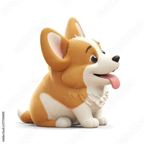 Cute funny kawaii fluffy cartoon orange corgi puppy with dot eyes  smiling face and red tongue sticking out of mouth in sitting playful pose. Lovely pet minimal style. 3d render