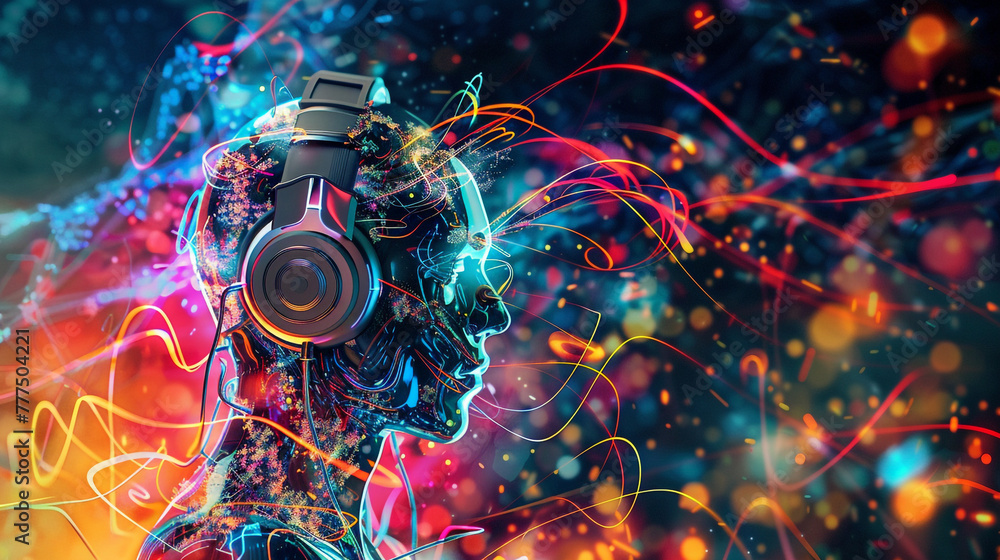 Digital art of an AI humanoid with headphones, surrounded by abstract tech elements and vibrant colors. 