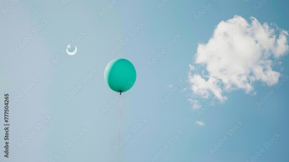 Obraz premium Turquoise Crescent Balloon Soaring in the Sky with Star Reflection and Cloud Imagery