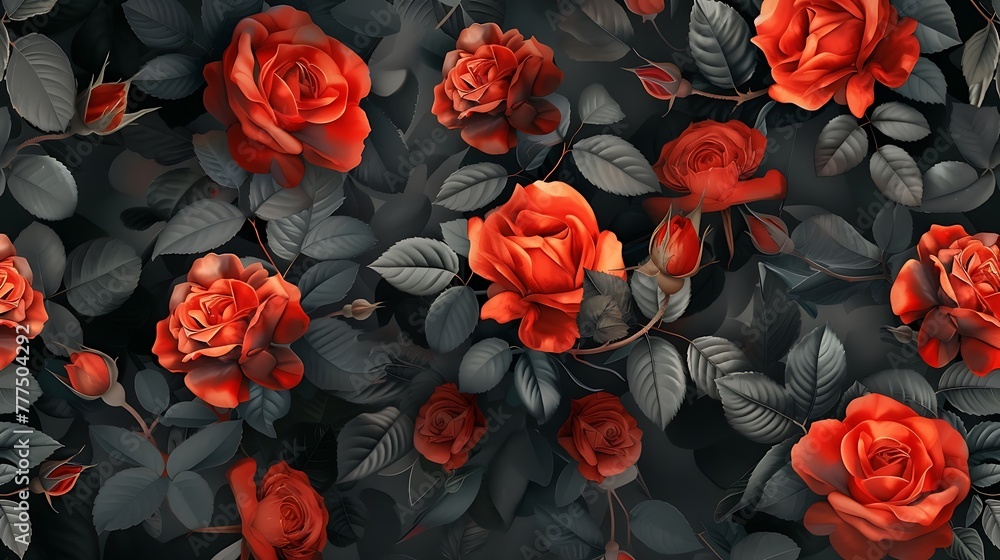 an artistic top-view arrangement of AI-generated red rose flowers, creating an elegant and eye-catching pattern suitable for wallpaper attractive look
