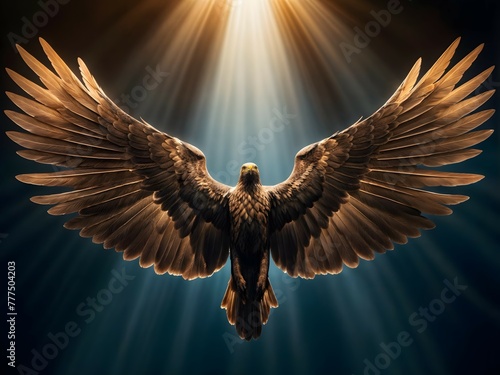 An eagle spreading its wings attractively under the bright light