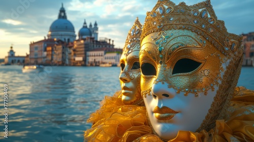   Two masks placed beside each other overhanging a tranquil body of water Buildings visible in the backdrop © Mikus