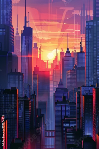 A vibrant 2D flat design of a futuristic cityscape at sunset, colors shifting with the mood of the scene, isolated on white