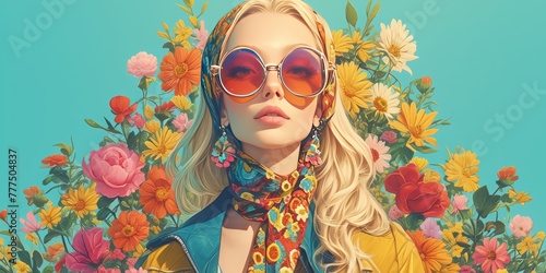 A blonde woman with colorful sunglasses and floral headscarf, surrounded by vibrant flowers in a psychedelic style.